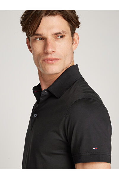 Tommy Hilfiger Men Black Short Sleeve Logo Embroidered Slim Fit Polo T-Shirt