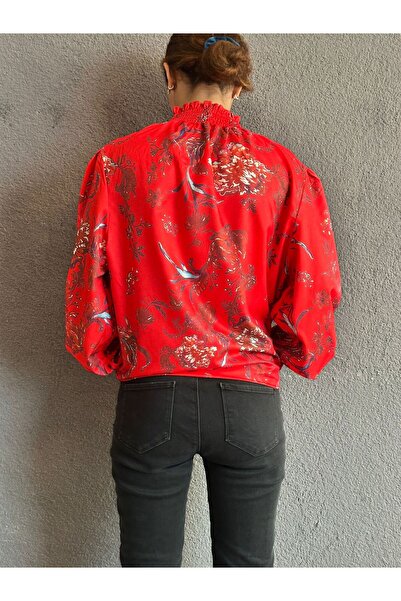 Gönülden Tasarım Red Flowered Drawn-Up Collar Drapey Bluse Shirt L/Xl