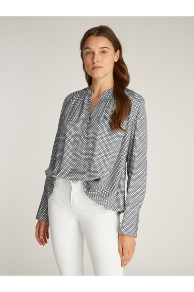 Tommy Hilfiger Women Mini Geo Flint Blue Fluid Viscose Patterned V Neck Top