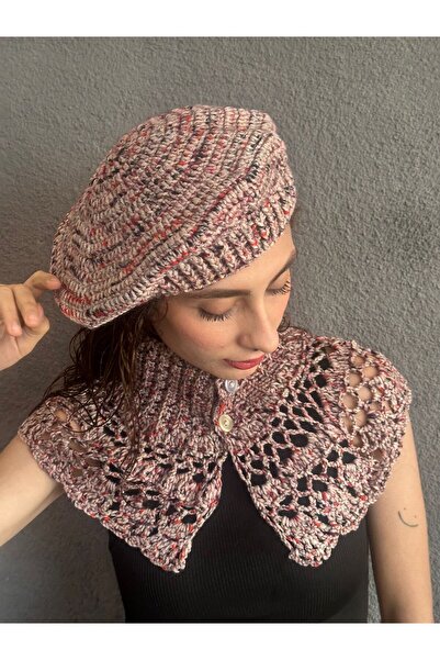 Gönülden Tasarım Hand Knitted French Painter Beret and Neck Collar Set Pink
