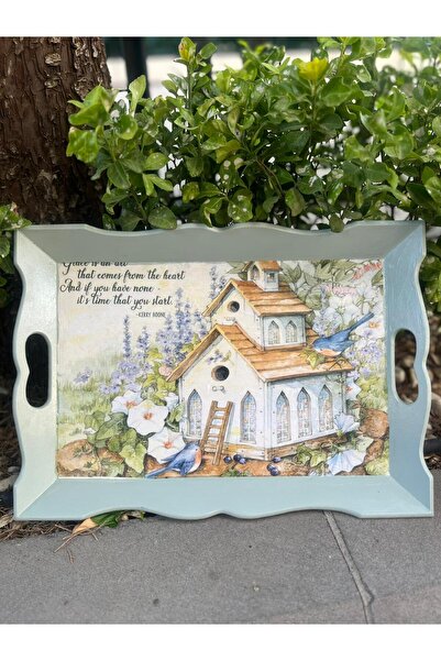 DERYA DESİNG ART Hand-Painted Wooden Tea-Coffee Tray with Landscape Pattern, Presentation Tray 41X30Cm