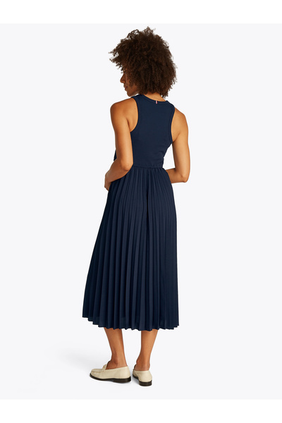Tommy Hilfiger Women Dark Night Navy Rib Pleated Sleeveless Midi Dress