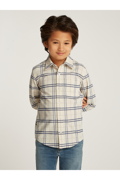 Tommy Hilfiger قميص كلاسيكي للأولاد باللون البيج بأكمام طويلة ومربعات متنوعة ...