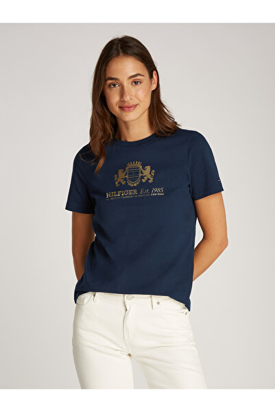Tommy Hilfiger تي شيرت نسائي ضيق بياقة دائرية باللون الأزرق الداكن