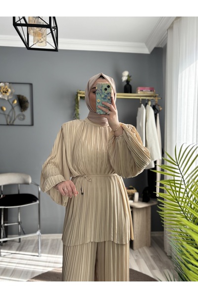 byalisdmr Oversize Uzun Tunik-Pantolon ikili Piliseli takım -Taş