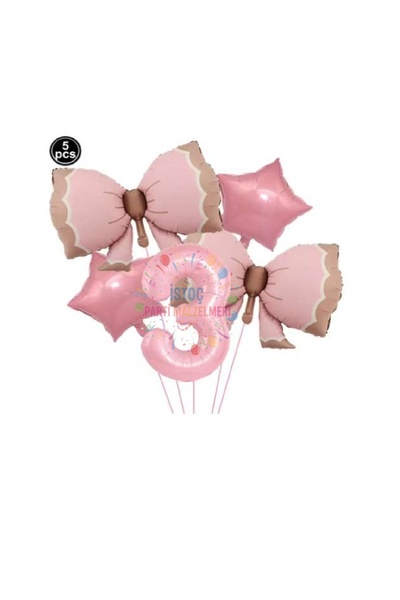 İSTOÇ PARTİ Pink Color Bow Number Star Foil Balloon Set Age 3