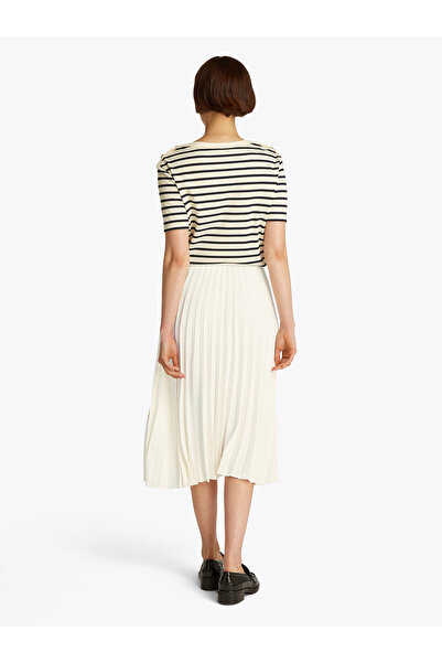 Tommy Hilfiger Women Ivory Petal Logo Waistband Fluid Pleated Midi A-Line Skirt