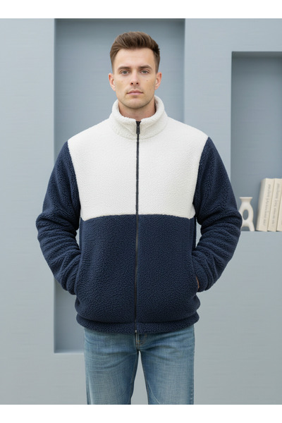 Fifty Color Преміум, унісекс, синьо-білий, кольорові блоки, на блискавці, високий комір, шерпа, поляр, куртка