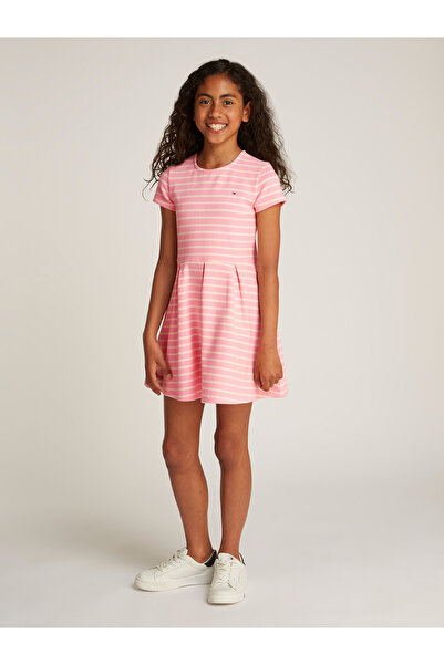 Tommy Hilfiger Girls Pink Sugar Calico Stripe Short Sleeve Stripe Flare Skater Dress