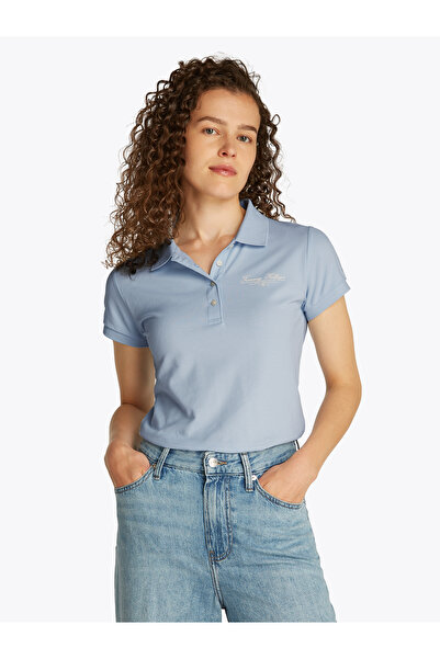Tommy Hilfiger Women Breezy Blue Short Sleeve Slim Fit Script Polo T-Shirt