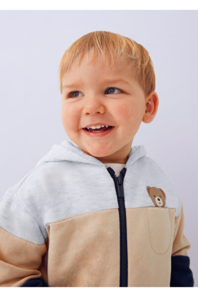 MAYORAL 1-4 Years Old Baby Boy Tracksuit Set |   Hooded Cardigan + 2 Bottoms with Beige and Navy Blue Teddy Bear Detail