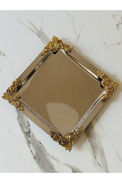 Melinda Stainless Square Silver Plated Gold Handled Serving Presentation Tray 1 Piece (21X21)