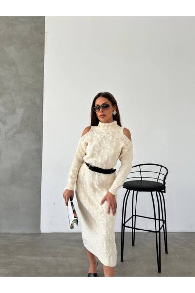GİYSİ DÜNYASI 57 Tricot Fabric Fisherman Collar Knit Detailed Midi Length Dress