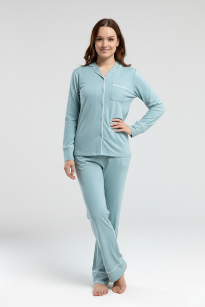 Pierre Cardin Kadın Ful Düğmeli Gömlek Yaka Puantyeli 2 li Pijama Takımı VR.11.P89.C86.Y01