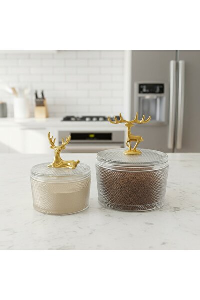 morponi Geyik Detaylı Gold Renk Yuvarlak 2'li Cam Şekerlik Takımı