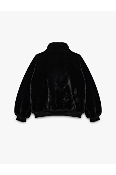 Koton Zippered Stand Collar Pocket Faux Fur Plush Oversize Crop Coat