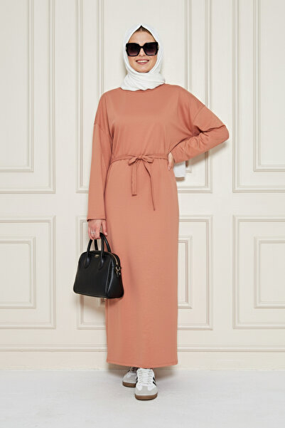 CrazyShopping Γυναικείο μακρυμάνικο βαμβακερό μάξι φόρεμα με στρογγυλή λαιμόκοψη και ζώνη στη μέση