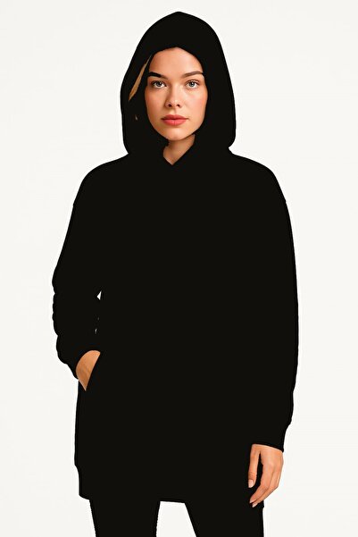 Şans Γυναικείο μακρύ φούτερ με κουκούλα με 2 κλωστές, μαύρο, μεγάλο μέγεθος 65N39186