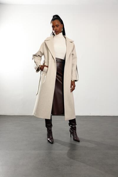 5in1Canpolat Beige Belted Cashmere Coat 1146