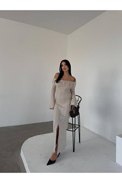 GİYSİ DÜNYASI 57 Triko Fabric Slit Madonna Collar Long Dress