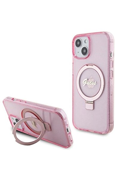 Guess Carcasă pentru iPhone 15 cu suport HC roz și logo cu sclipici