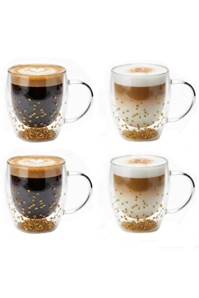 Aurov Set 4 Cani pentru Ceai si Cafea din Sticla Termorezistenta, cu Cristale Aurii, Pereti Dubli