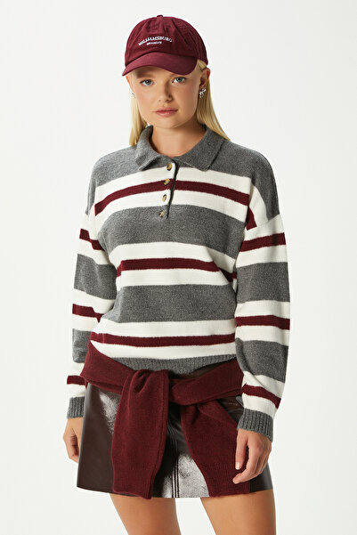 Ritnice Kadın Otto Yumuşak Dokulu Pola Yaka Antrasit Bordo Çizgili Kazak