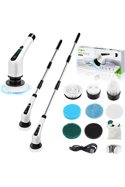 TERRION مكنسة كهربائية دوارة، مكنسة حوض استحمام لاسلكية بمقبض طويل و7 رؤوس قابلة للاستبدال