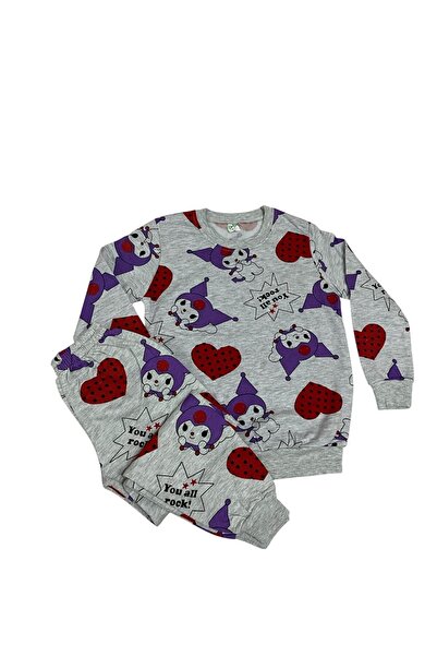 Arya Nisa Kids Girls' 100% Cotton Gray Kuromi Heart Printed Pajama Set with Shardon Detail