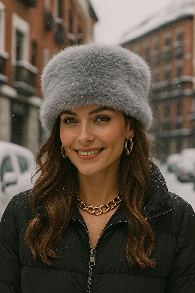 MARBERRY قبعة نسائية من الفرو الصناعي على الطراز الروسي باللون الرمادي