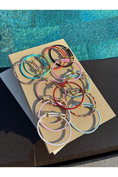 Hedef Bijuteri Colorful Adjustable Silver Color Steel Detailed Knitted Rope Bracelet