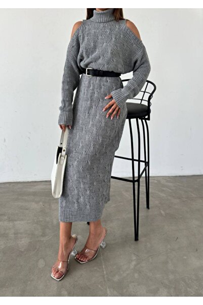 GİYSİ DÜNYASI 57 Tricot Fabric Fisherman Collar Knit Detailed Midi Length Dress