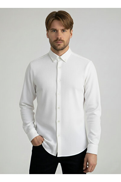 YXC Trend Maker Ανδρικό πουκάμισο με ρυτιδωτό ύφασμα με υφή μακρυμάνικο λευκό ανδρικό πουκάμισο με λεπτή εφαρμογή