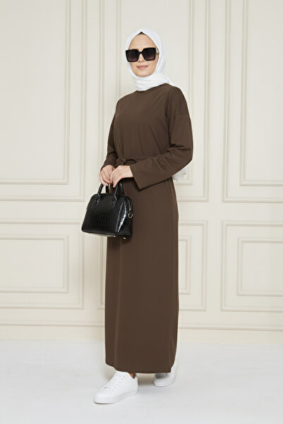 CrazyShopping Γυναικείο μακρυμάνικο βαμβακερό μάξι φόρεμα με στρογγυλή λαιμόκοψη και ζώνη στη μέση