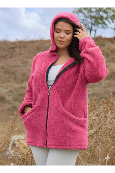 ModaSehle Women's Large Size Long Sleeve Pocket Hooded Zippered Plush Cardigan Jacket