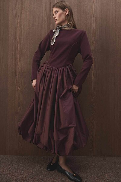 Hooopstore Balon Form Etekli Vişne Elbise