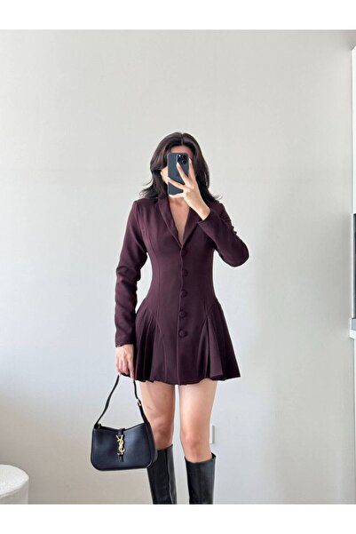 LOCH BUTİK Γυναικείο καφέ μακρυμάνικο πλισέ φόρεμα με κουμπιά