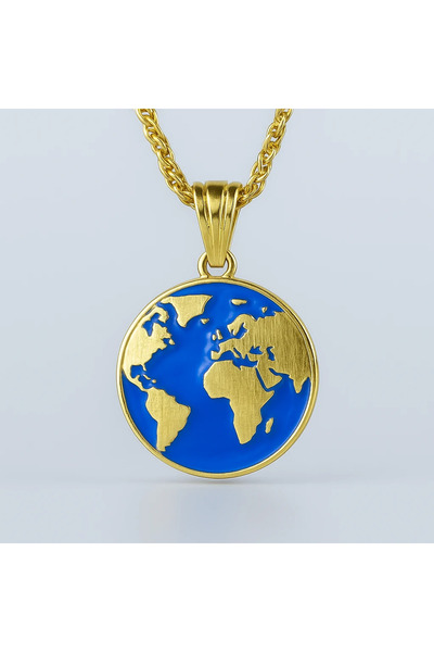 El Takı 925 Ayar Dünya Haritası Figürlü Mavi Mine Detaylı Altın Kaplama Gümüş...