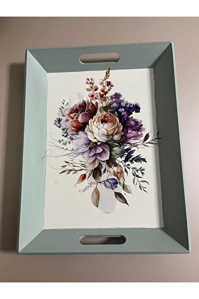 DERYA DESİNG ART Flower Patterned Hand Painted Wooden Tea-Coffee Tray, Presentation Tray 39X31Cm