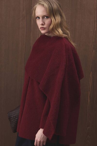 Hooopstore Asimetrik Kesim Pelerin Yaka Bordo Kaban