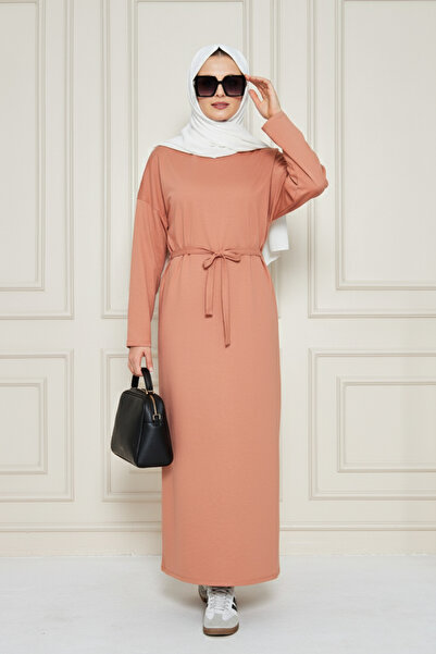 CrazyShopping Γυναικείο μακρυμάνικο βαμβακερό μάξι φόρεμα με στρογγυλή λαιμόκοψη και ζώνη στη μέση