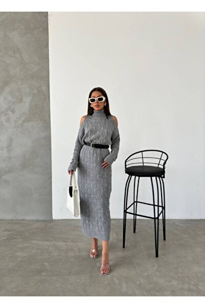 GİYSİ DÜNYASI 57 Tricot Fabric Fisherman Collar Knit Detailed Midi Length Dress