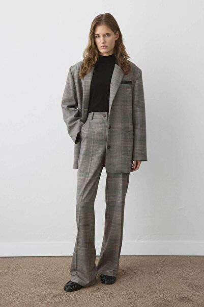 Hooopstore High Waist Plaid Polyviscon Burgundy Trousers