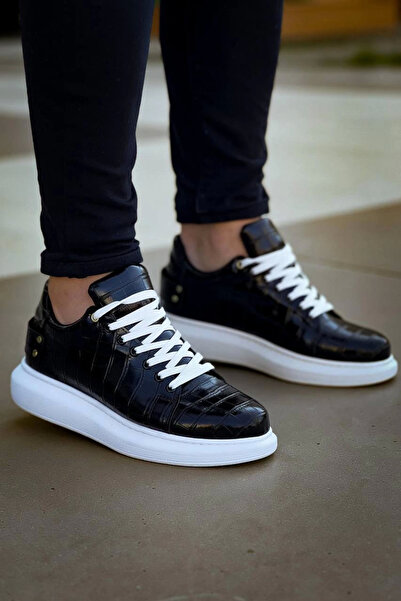 Zerenyus Zrk047 Black Crocodile Pattern Thick Sole Lace-Up Casual Men's Sports Shoes
