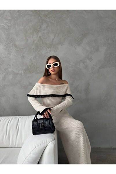 GİYSİ DÜNYASI 57 Triko Kumaş Madonna Yaka Tam Boy Elbise = Knit Fabric Madonna Collar Full-Length Dress