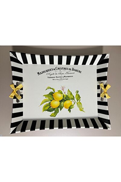 DERYA DESİNG ART Lemon Patterned Hand Painted Black and White Wooden Tea-Coffee Tray, Presentation Tray 39X31Cm