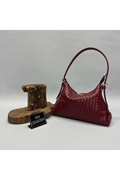 RumyaCollection Women's Retro Knitted Patterned Hand and Shoulder Bag Burgundy