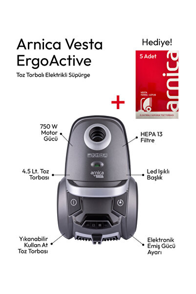 Arnica VESTA ERGOACTİVE ET14140 GRİ TOZ TORBALI/LED BAŞLIKLI SÜPÜRGE + TOZ TO...