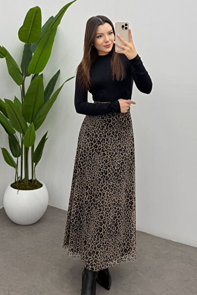 Bipantolon Women's Brown Dot Leopard Printed Tulle Skirt with Back Elastic Detail and Zipper