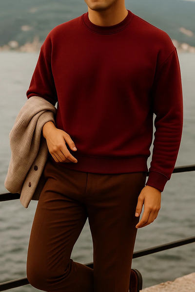 COMBİNE MİCHAİL Мъжки дебел велосипеден пуловер с широка яка в цвят бордо